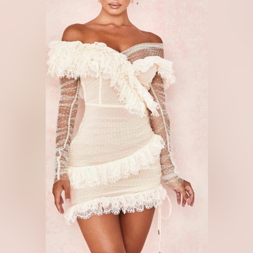 House of CB ivory lace frill mini dress